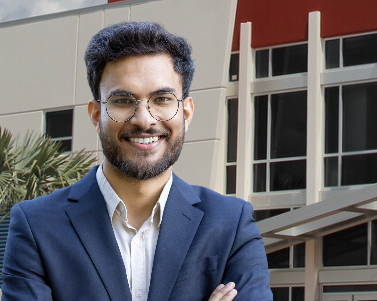 Business Professional in front of Broward College Central Campus Library