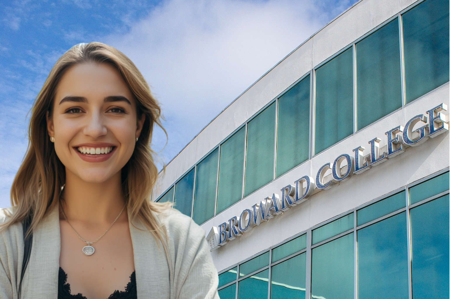 Business Professional in front of Broward College Central Campus Library