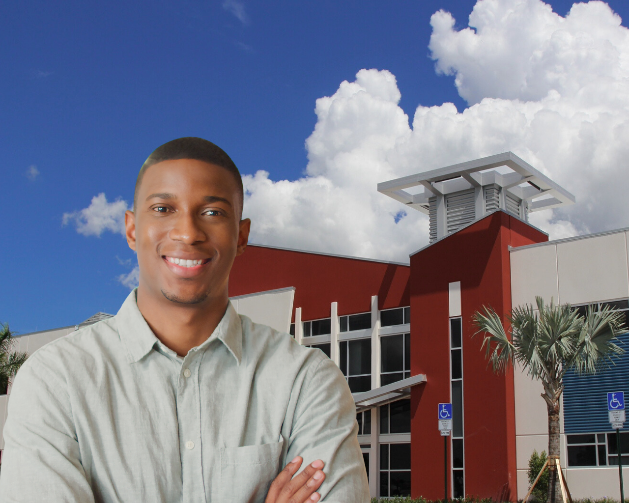 Business Professional in front of Broward College Central Campus Library