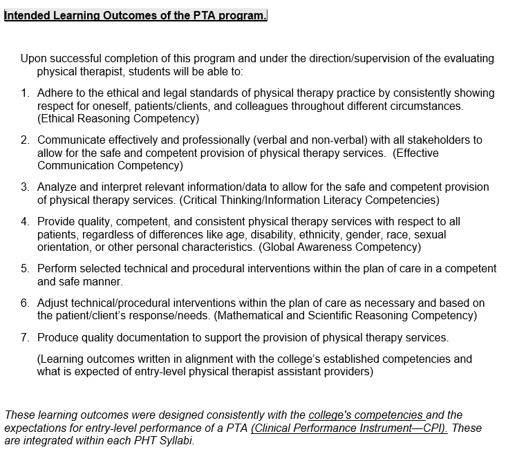 PTA Learning Oitcomes