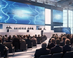 panel discussion in a large conference room with a seated audience and digital screens behind the speakers